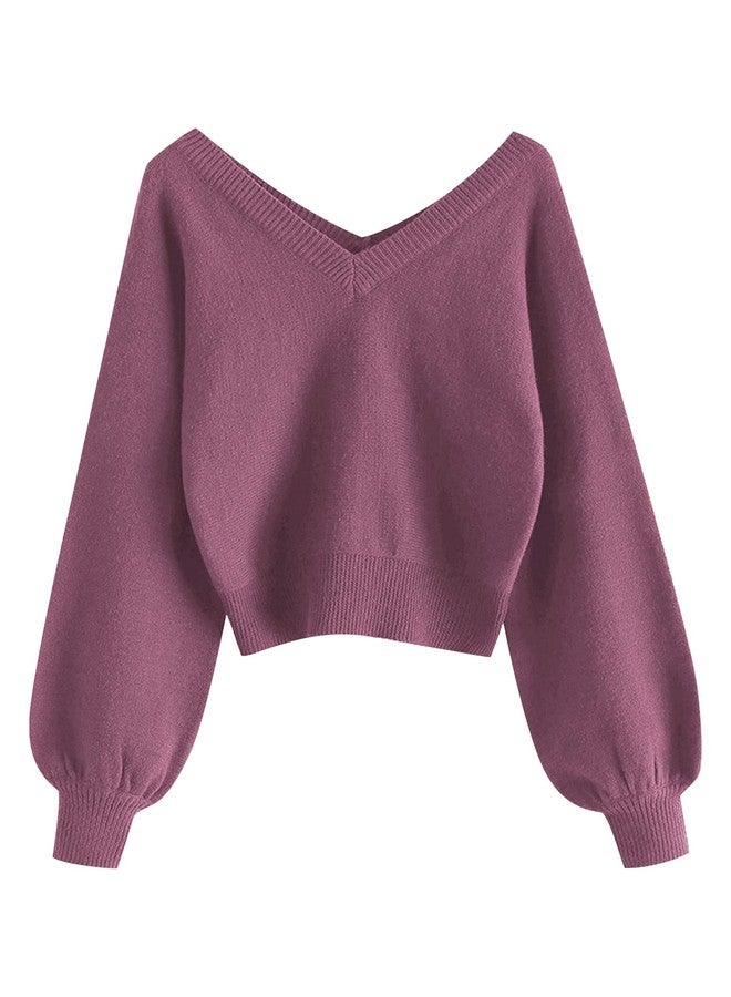 ZAFUL Women's Cropped Sweater V-Neck Long Sleeve Crop Sweater Pullover Jumper Knit Top (1-Red Violet, M) - Image 1